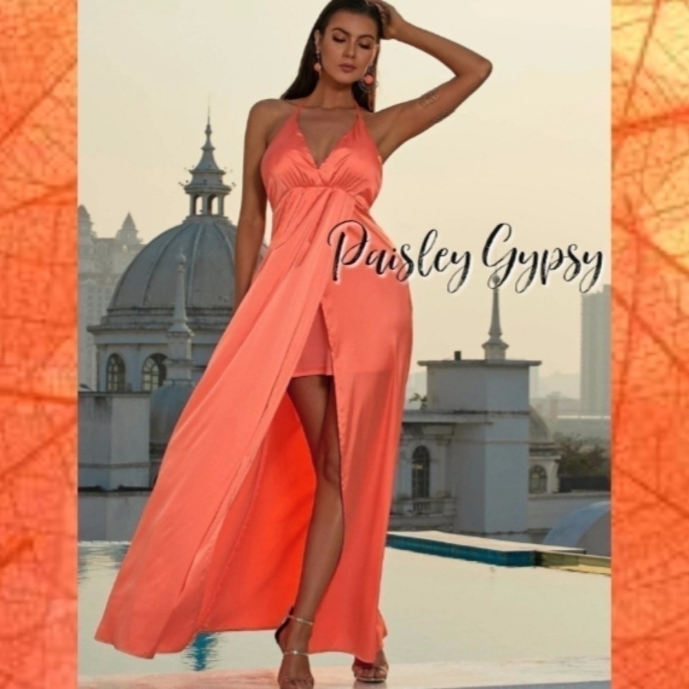 High Fashion Glamorous Spaghetti Strap A Line Formal Gown in Coral Orange - Picture 7 of 9